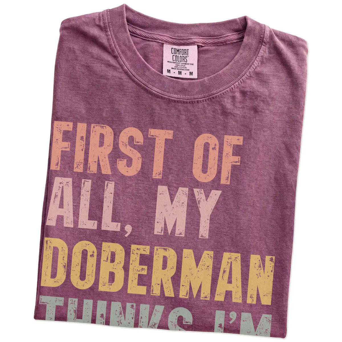 Folded Berry Comfort Colors® T-shirt showing “My Doberman thinks I’m delightful” text