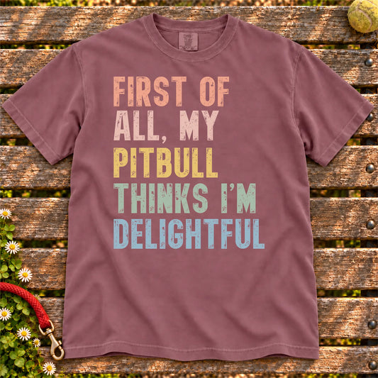 “My Pitbull thinks I’m delightful” text on a Berry Comfort Colors® T-shirt