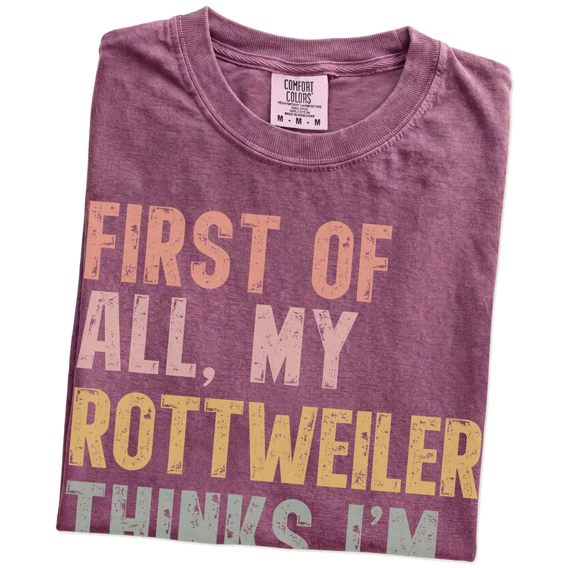 Folded Berry Comfort Colors® T-shirt showing “My Rottweiler thinks I’m delightful” text