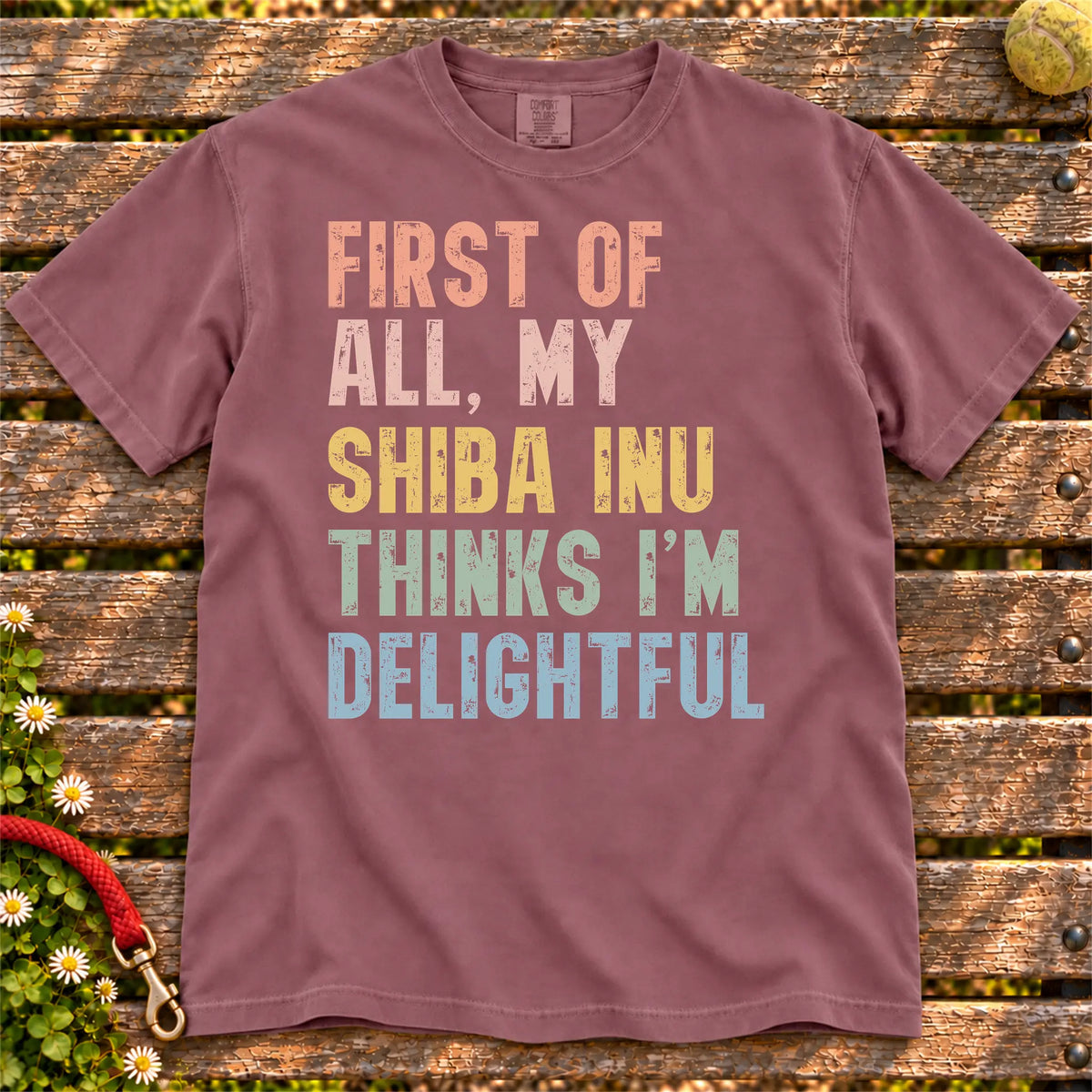 “My Shiba Inu thinks I’m delightful” text on a Berry Comfort Colors® T-shirt