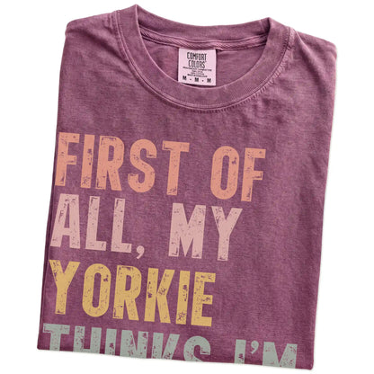 Folded Berry Comfort Colors® T-shirt showing “My Yorkie thinks I’m delightful” text