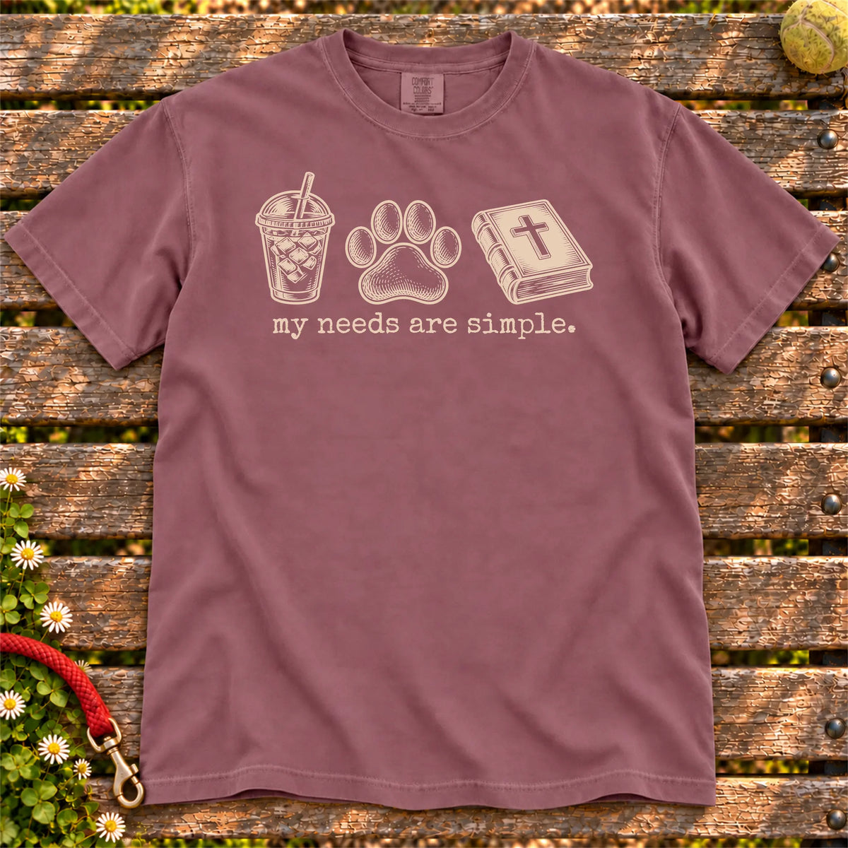 My Needs Are Simple coffee, dogs, and faith design on a Berry Comfort Colors T-shirt