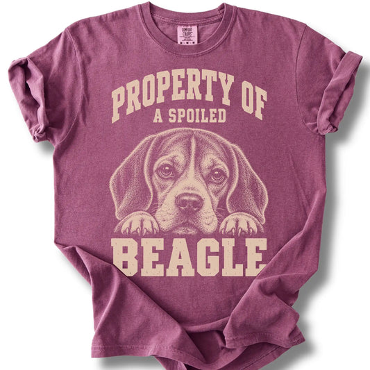Berry Beagle T-shirt with a dog portrait and “Property of a Spoiled” lettering.