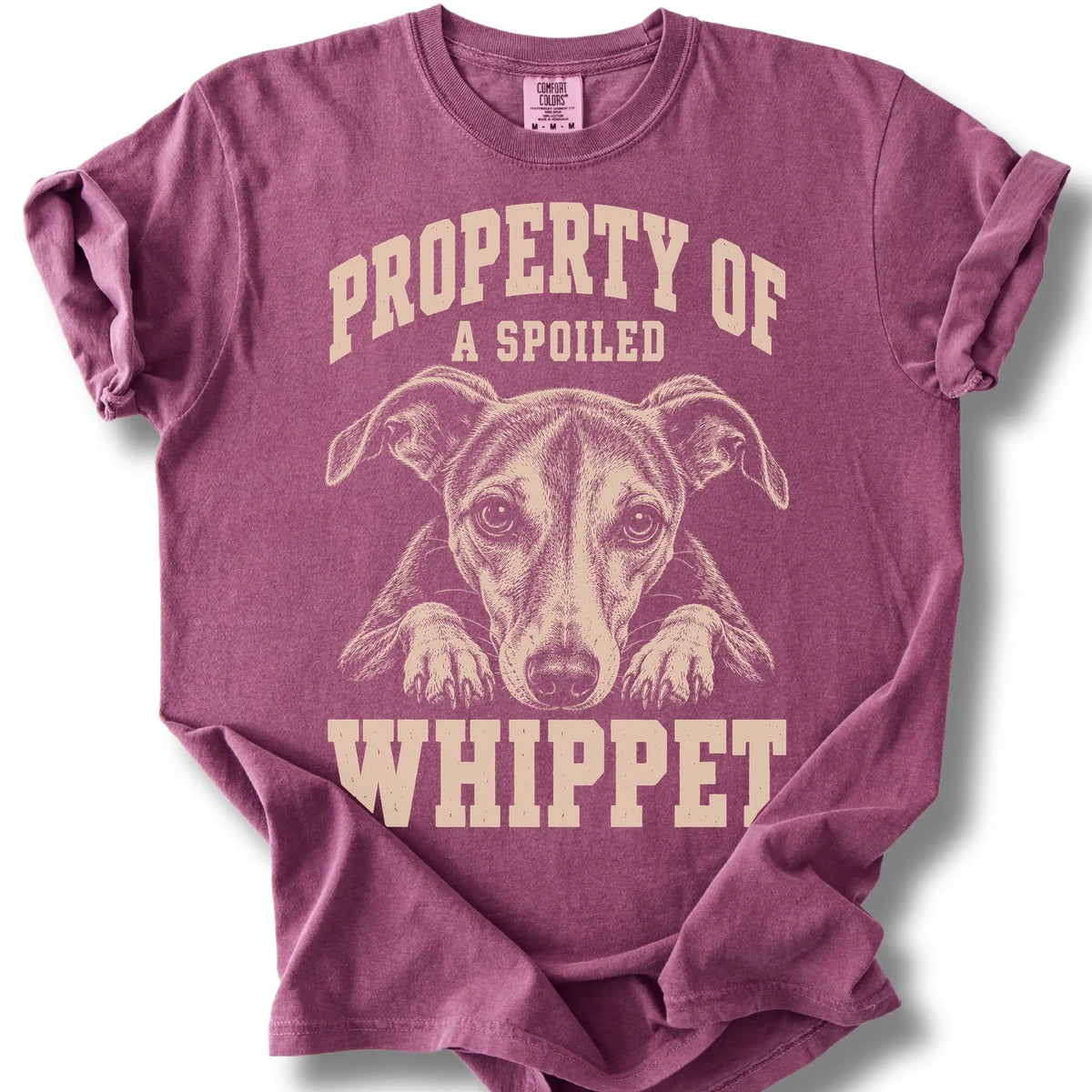 Berry Whippet T-shirt with a dog portrait and “Property of a Spoiled” lettering.