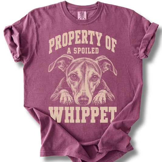 Berry Whippet T-shirt with a dog portrait and “Property of a Spoiled” lettering.