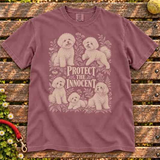 Protect the Innocent Bichon Frise design on a Berry T-shirt