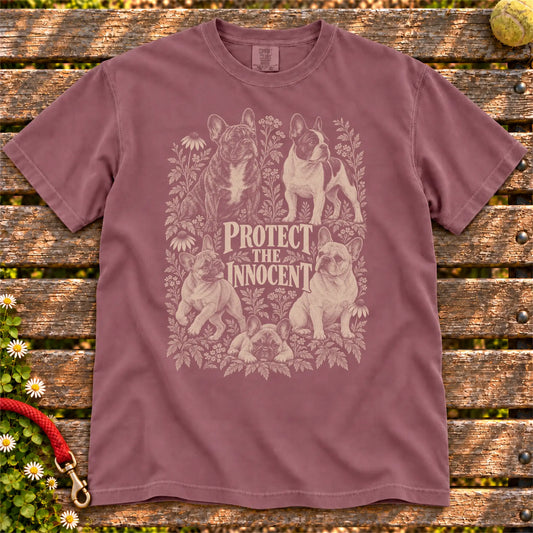 Protect the Innocent French Bulldog design on a Berry T-shirt