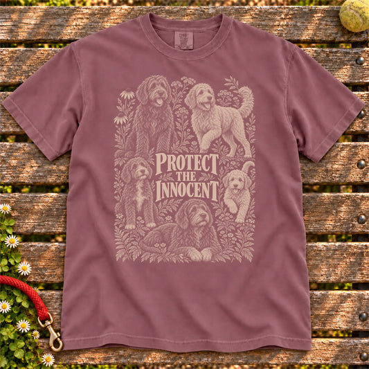 Protect the Innocent Labradoodle design on a Berry T-shirt