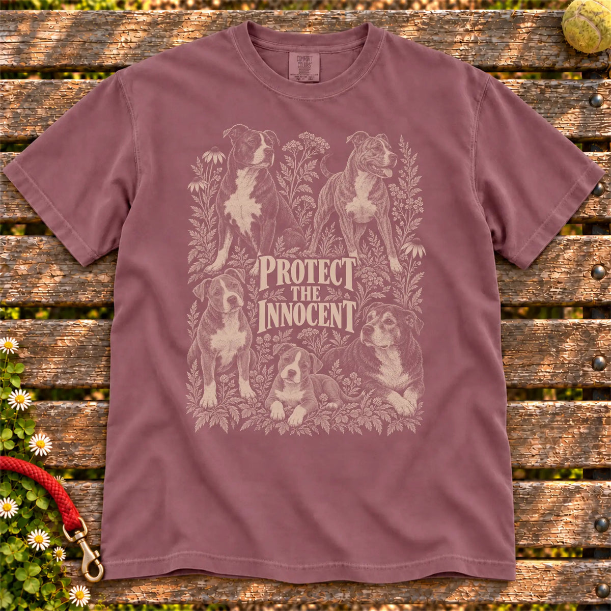 Protect the Innocent Pitbull design on a Berry T-shirt