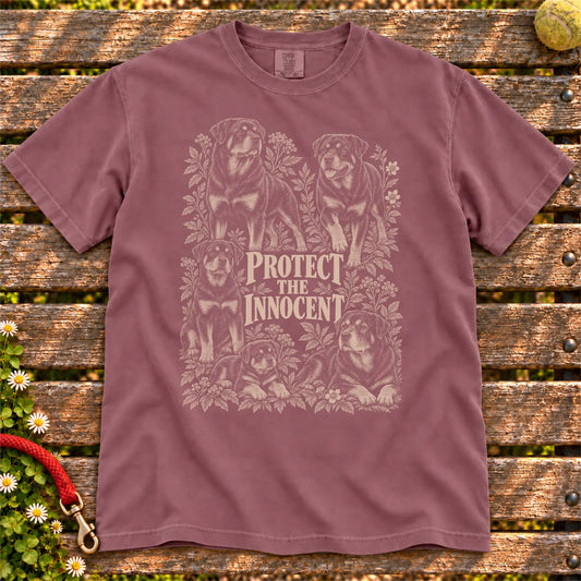 Protect the Innocent Rottweiler design on a Berry T-shirt