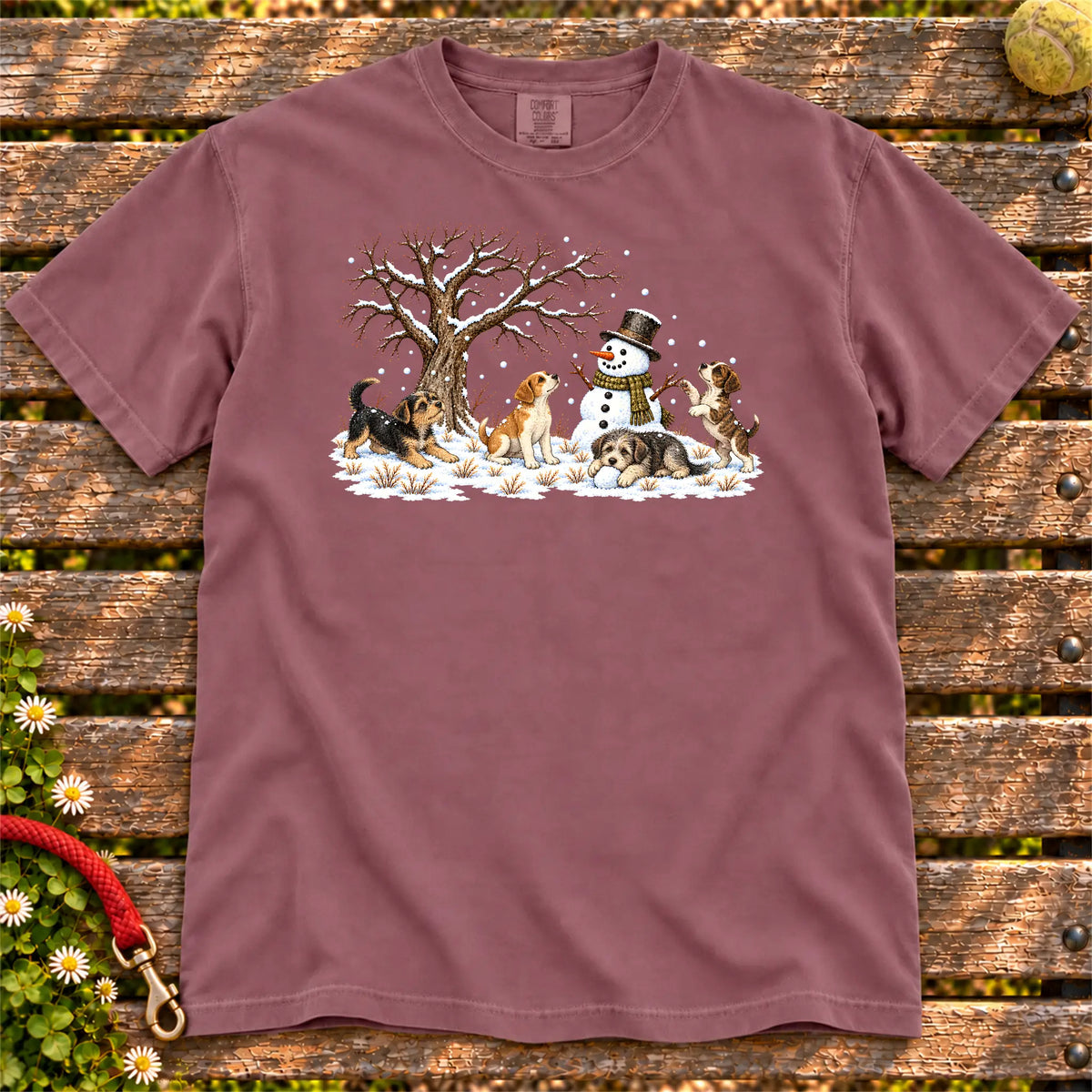 Rescue puppies playing in snow on a Berry Comfort Colors® T-shirt