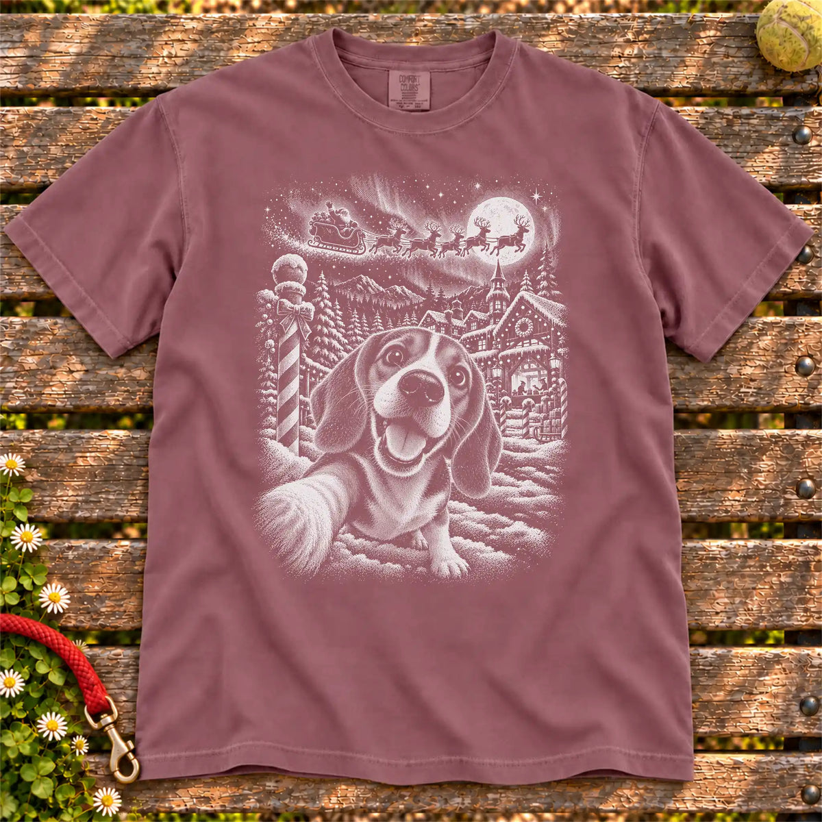 Beagle Santa Selfie design on a Berry T-shirt