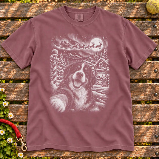 Bernese Mountain Dog Santa Selfie design on a Berry T-shirt