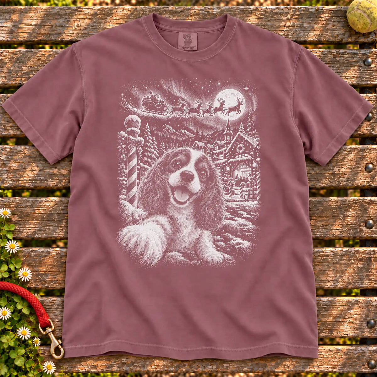 Cavalier King Charles Spaniel Santa Selfie design on a Berry T-shirt