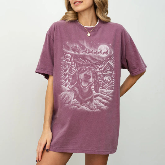 Woman wearing a Berry Dachshund Santa Selfie T-shirt