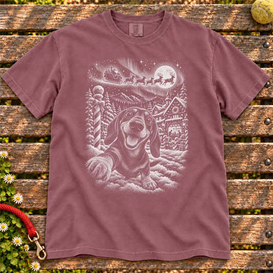 Dachshund Santa Selfie design on a Berry T-shirt