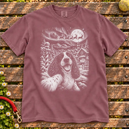 Springer Spaniel Santa Selfie design on a Berry T-shirt