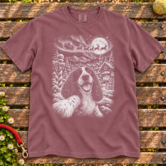 Springer Spaniel Santa Selfie design on a Berry T-shirt