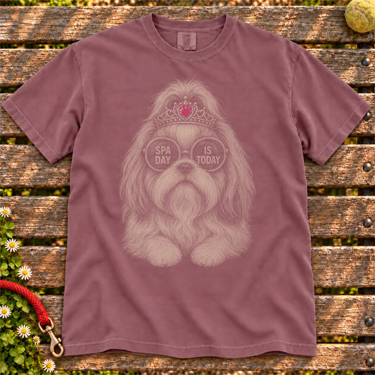 Berry Shih Tzu Spa Day Is Today T-shirt laid flat on an outdoor wooden bench