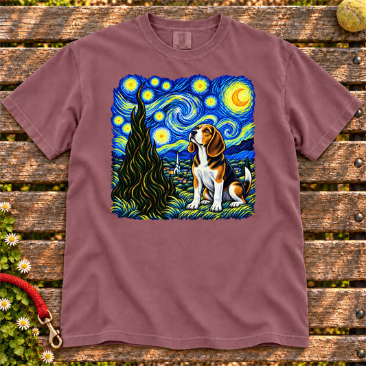 Colorful Beagle beneath a swirling starry night sky on a Berry T-shirt