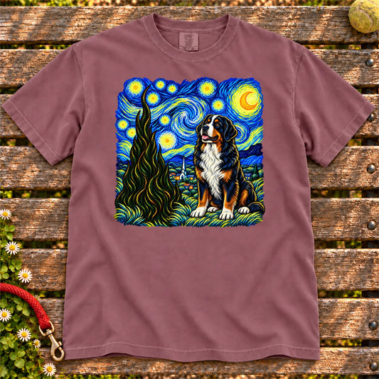 Colorful Bernese Mountain Dog beneath a swirling starry night sky on a Berry T-shirt