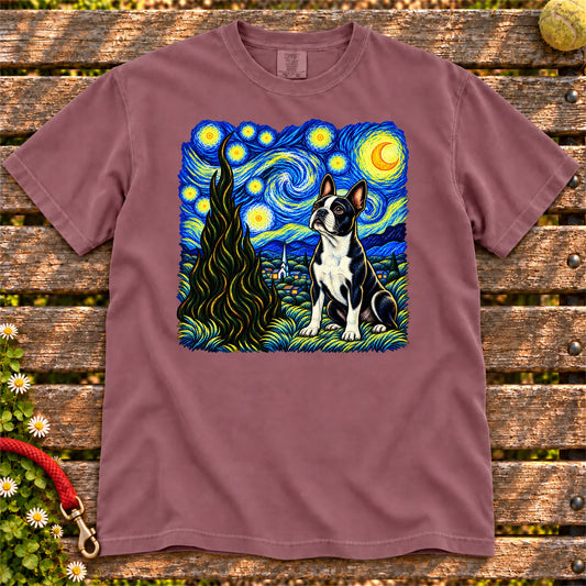 Colorful Boston Terrier beneath a swirling starry night sky on a Berry T-shirt