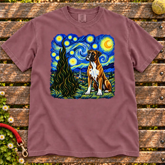 Colorful Boxer beneath a swirling starry night sky on a Berry T-shirt