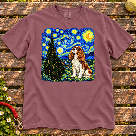 Colorful Cavalier King Charles Spaniel beneath a swirling starry night sky on a Berry T-shirt