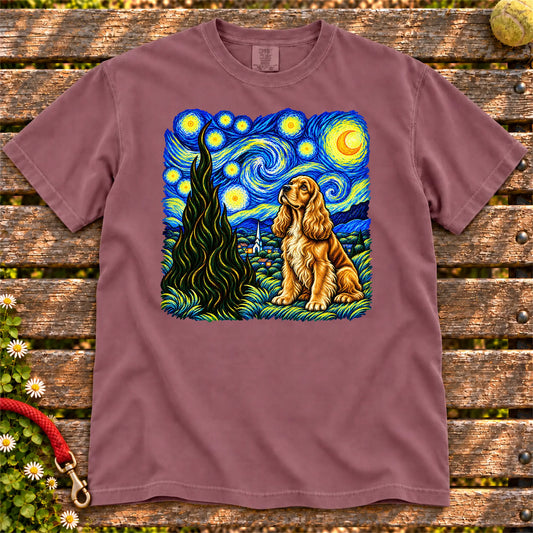 Colorful Cocker Spaniel beneath a swirling starry night sky on a Berry T-shirt