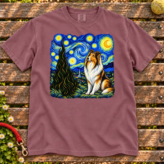 Colorful Collie beneath a swirling starry night sky on a Berry T-shirt