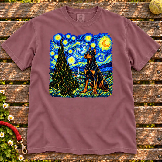 Colorful Doberman beneath a swirling starry night sky on a Berry T-shirt