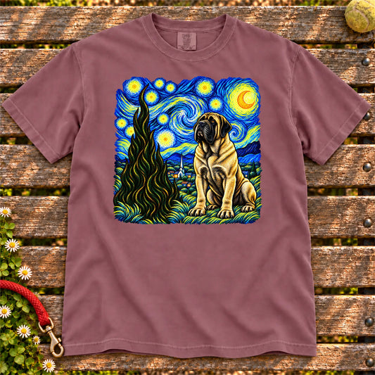 Colorful Mastiff beneath a swirling starry night sky on a Berry T-shirt