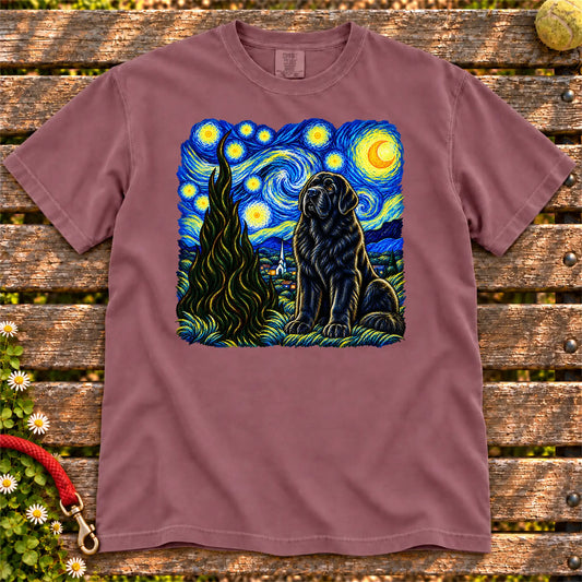 Colorful Newfie beneath a swirling starry night sky on a Berry T-shirt