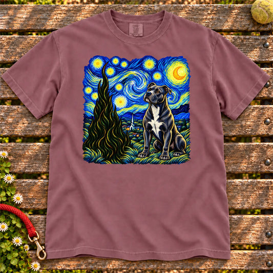 Colorful Pitbull beneath a swirling starry night sky on a Berry T-shirt