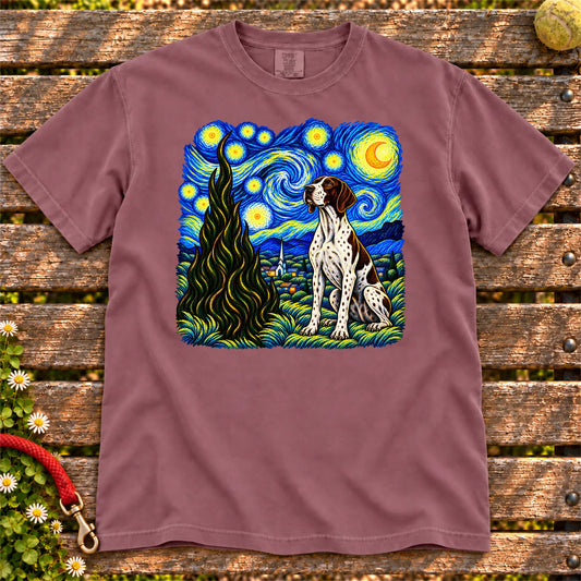 Colorful Pointer beneath a swirling starry night sky on a Berry T-shirt