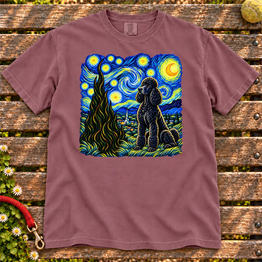 Colorful Poodle beneath a swirling starry night sky on a Berry T-shirt
