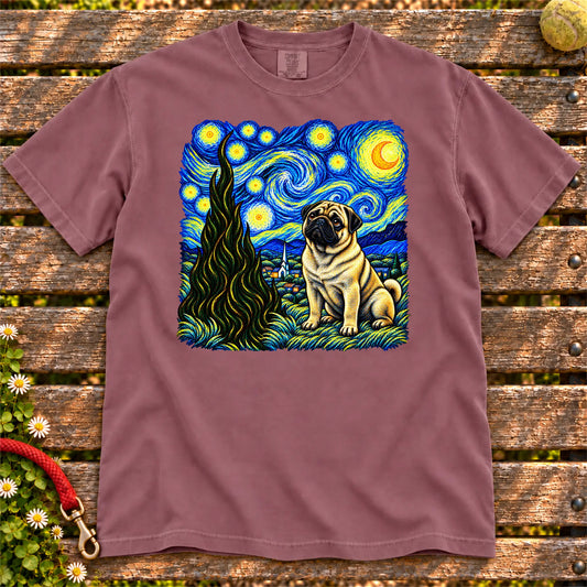 Colorful Pug beneath a swirling starry night sky on a Berry T-shirt