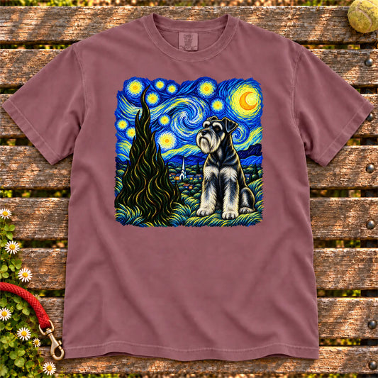 Colorful Schnauzer beneath a swirling starry night sky on a Berry T-shirt