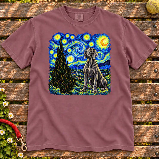 Colorful Weimaraner beneath a swirling starry night sky on a Berry T-shirt
