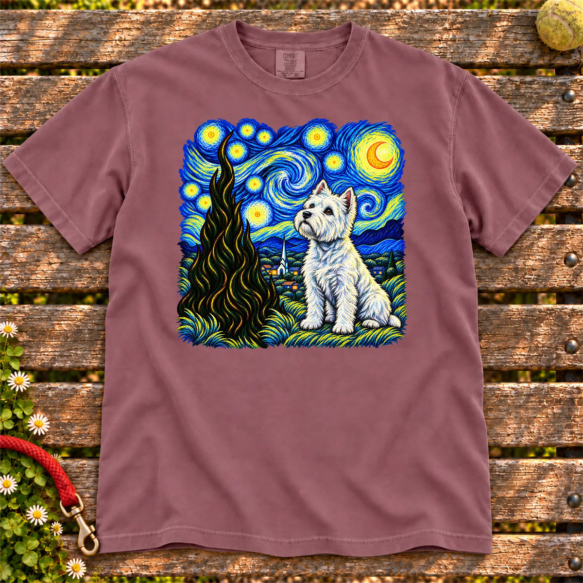 Colorful Westie beneath a swirling starry night sky on a Berry T-shirt