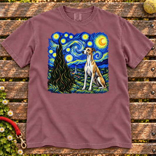 Colorful Whippet beneath a swirling starry night sky on a Berry T-shirt