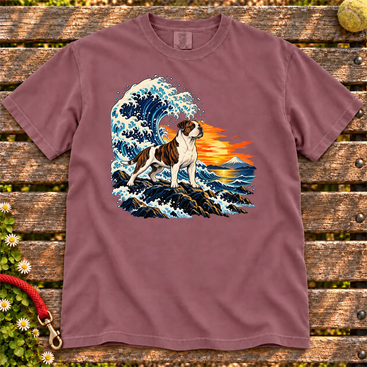 American Bulldog dog with ocean waves, sunset and Mount Fuji on a Berry Comfort Colors T-shirt