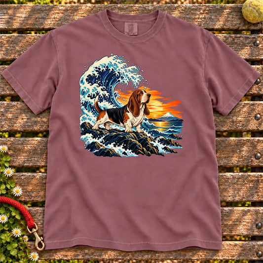 Basset Hound dog with ocean waves, sunset and Mount Fuji on a Berry Comfort Colors T-shirt