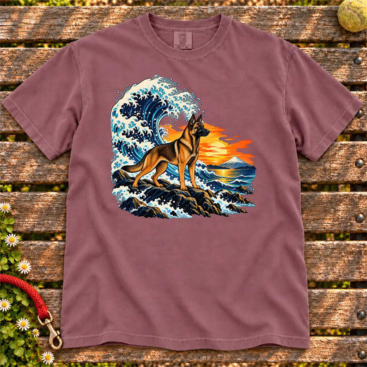 Belgian Malinois dog with ocean waves, sunset and Mount Fuji on a Berry Comfort Colors T-shirt