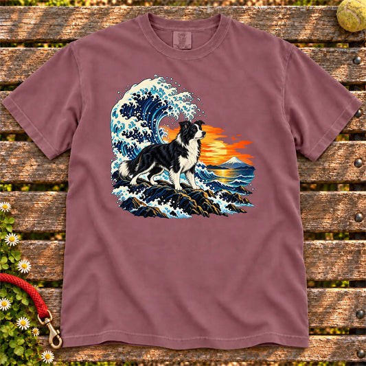 Border Collie dog with ocean waves, sunset and Mount Fuji on a Berry Comfort Colors T-shirt
