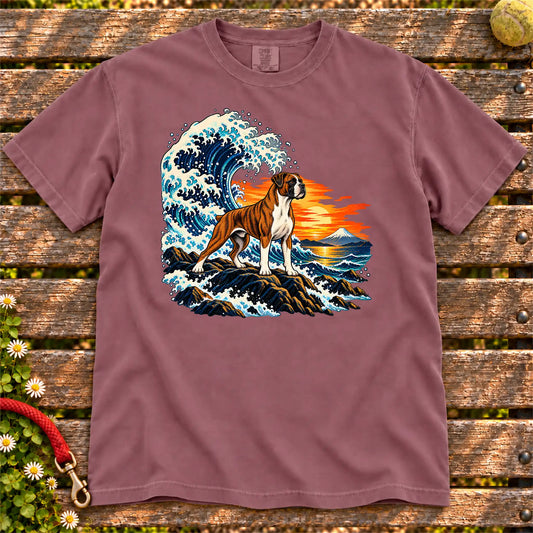 Boxer dog with ocean waves, sunset and Mount Fuji on a Berry Comfort Colors T-shirt