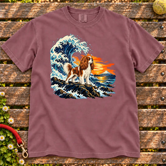Cavalier King Charles Spaniel dog with ocean waves, sunset and Mount Fuji on a Berry Comfort Colors T-shirt
