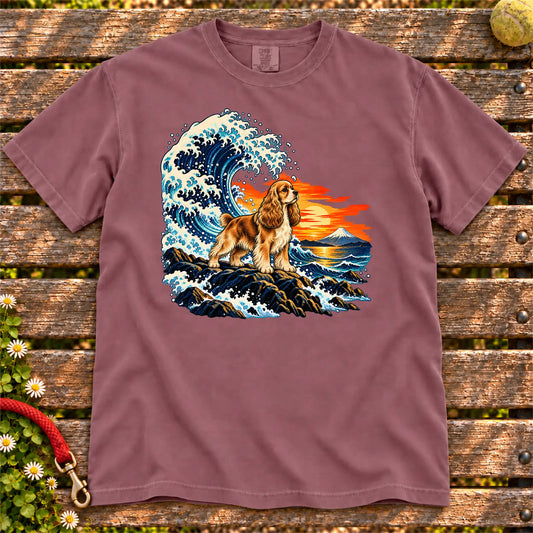 Cocker Spaniel dog with ocean waves, sunset and Mount Fuji on a Berry Comfort Colors T-shirt