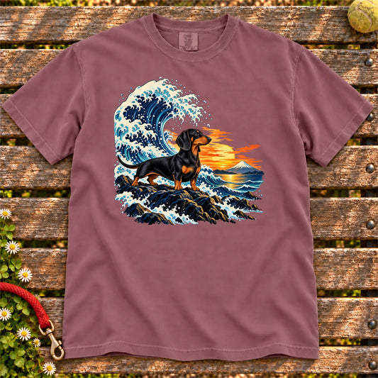 Dachshund dog with ocean waves, sunset and Mount Fuji on a Berry Comfort Colors T-shirt