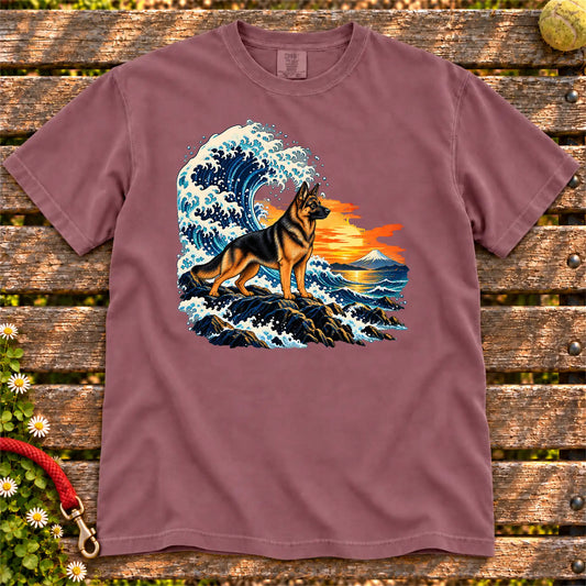 German Shepherd dog with ocean waves, sunset and Mount Fuji on a Berry Comfort Colors T-shirt